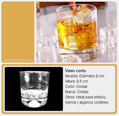 Alquilar vaso corto de cristal para whisky o coctel para fiestas y eventos en Bogotá - ver precios y fotos de alquileres económico para fiestas y eventos
