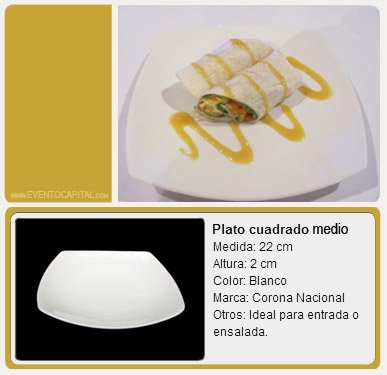 Alquilar Plato cuadrado mediano para ensalada - vajilla para fiestas y eventos en Bogotá - ver precios y fotos de alquileres económico para fiestas y eventos