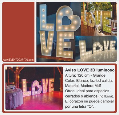 alquiler de aviso letras LOVE madera mdf con luz led - letras gigantes para fiestas y eventos en Bogotá - ver precios y fotos de alquiler económico para fiestas y eventos -letras en madera con luz led para bodas novios love amor