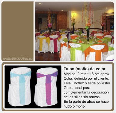 Alquilar Fajon para sillas moño o cinta - fajones de colores para fiestas y eventos en Bogotá - ver precios y fotos de alquileres económico para fiestas y eventos