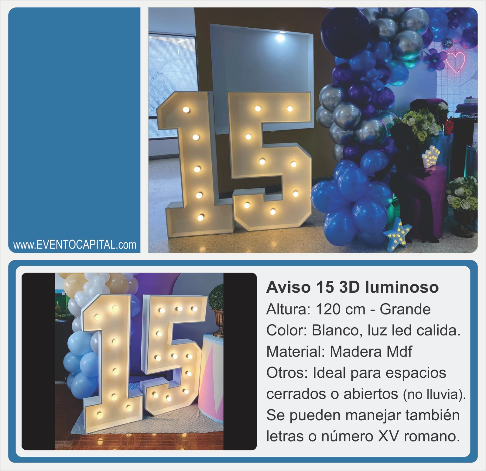 Alquilar letras aviso número 15 en madera led mdf con luz led - letras gigantes quince años para fiestas y eventos en Bogotá - ver precios y fotos de alquileres económico para fiestas y eventos -letras en madera con luz led para decorar bodas novios love amor