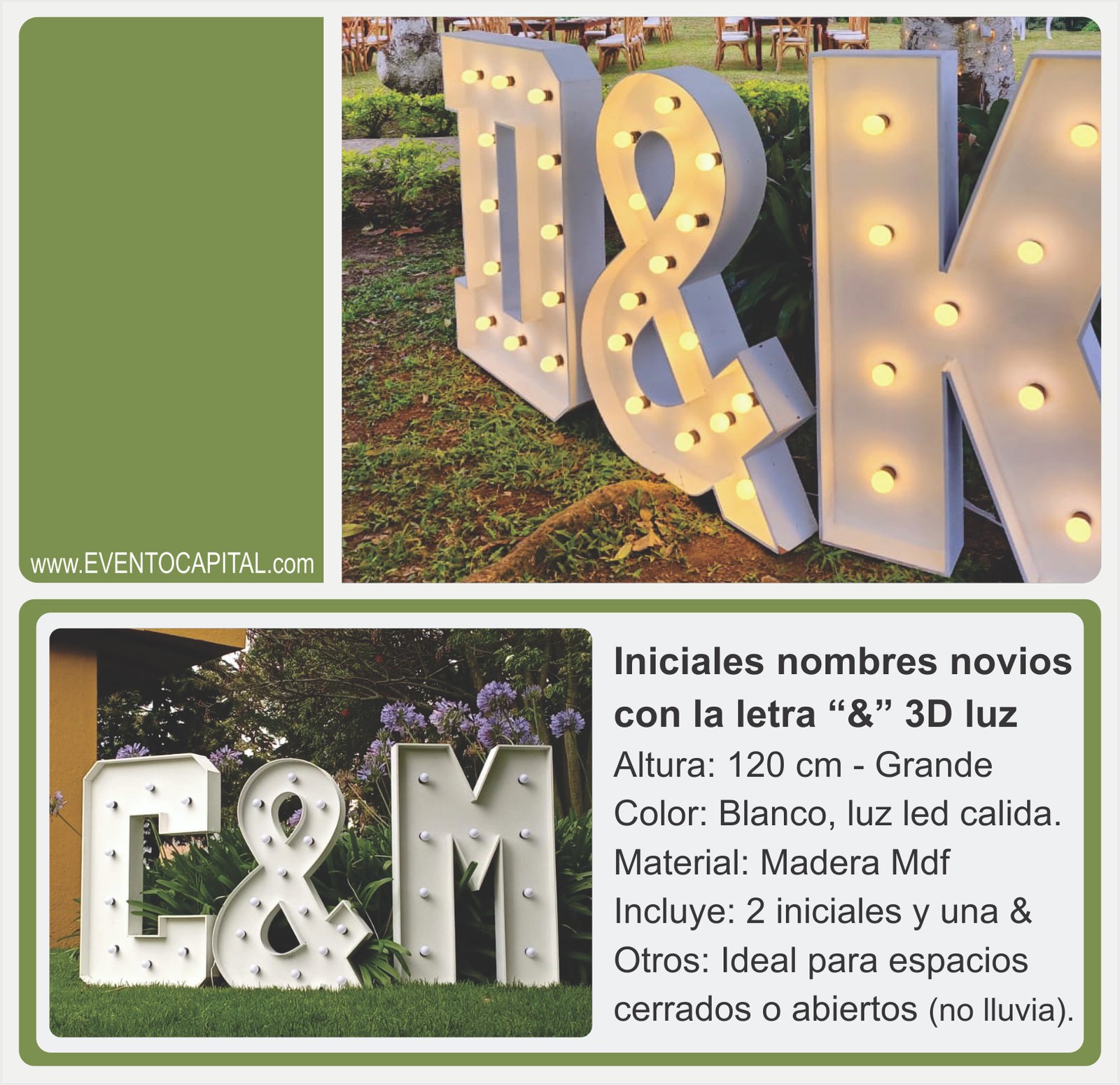 Alquilar Letras Iniciales de Novios con luz led - letras luminosas para parejas con la letra & para fiestas y eventos en Bogotá - ver precios y fotos de alquileres económico para fiestas y eventos