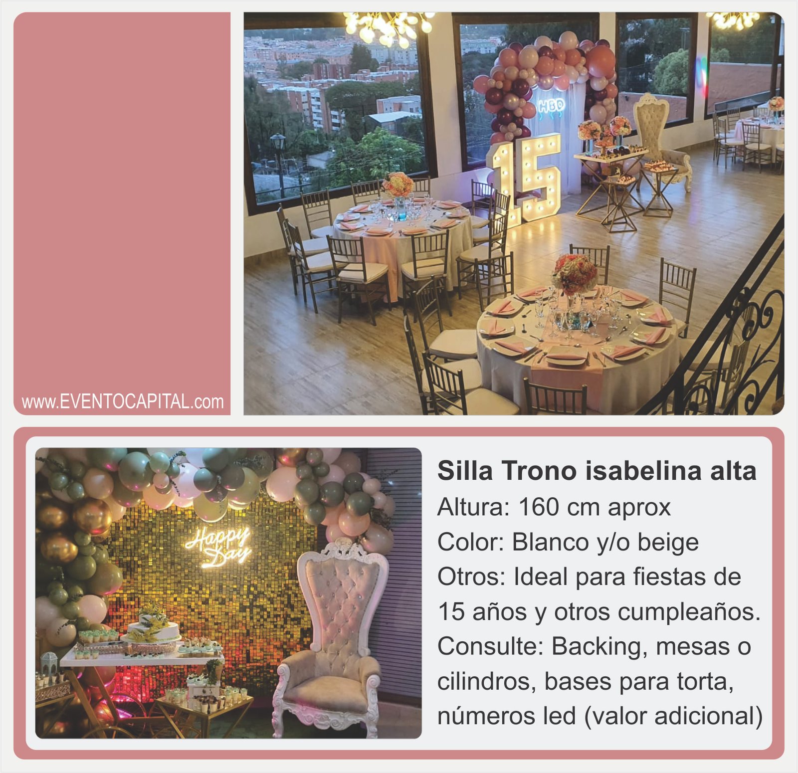 Alquilar Sillas isabelina - silla quinceañera para fiestas y eventos en Bogotá - ver precios y fotos de alquileres económico para fiestas y eventos